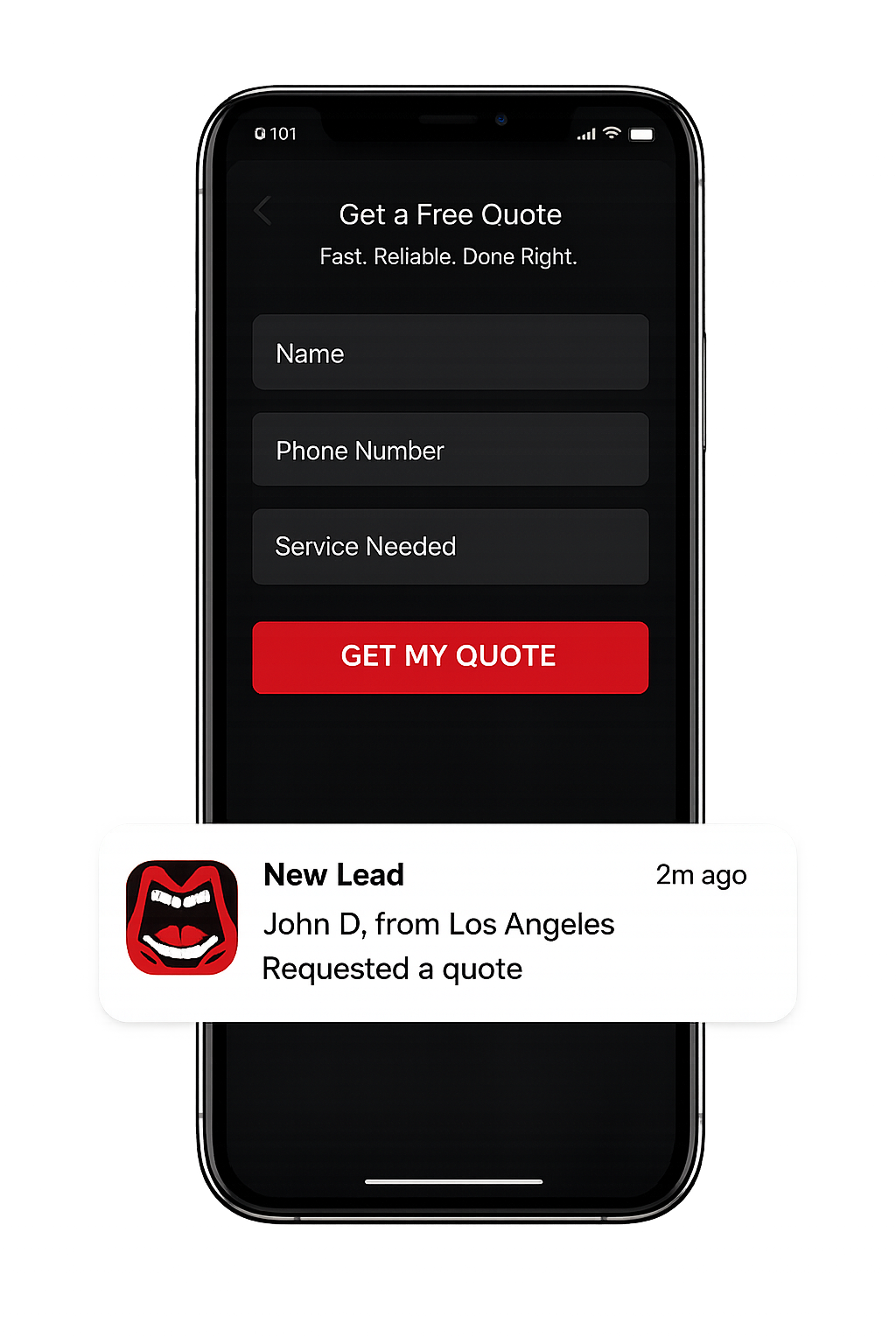 Home services quote app on a phone with a new lead notification